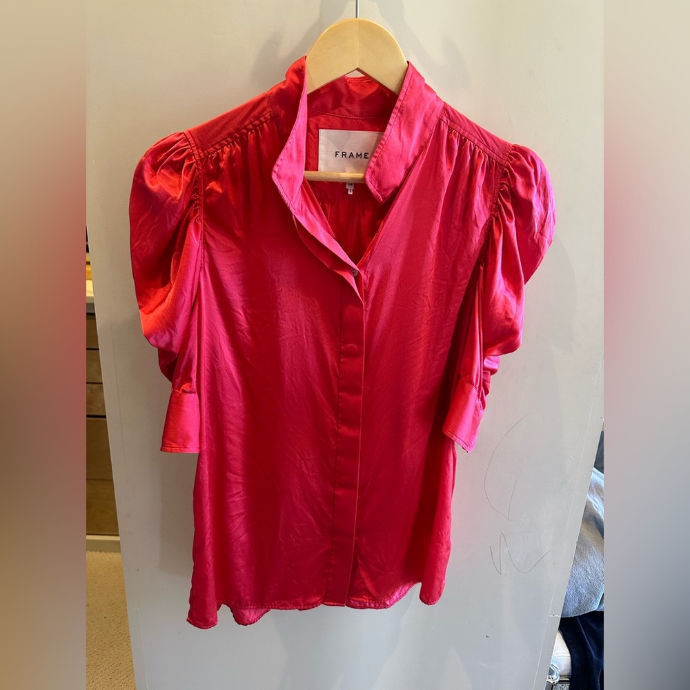 Frame Denim Pink Puff Sleeve Silk Blouse